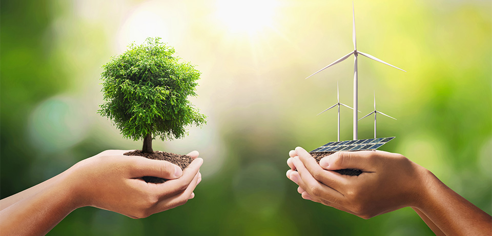 Yenilenebilir enerji ihtiyaçlarının detaylı anlatıldığı metnin görselidir. Görselde birbirine uzanan iki avuç içerisinde doğayı temsil eden ağaç ve yenilenebilir enerjiyi temsil eden rüzgar tirbünleri ile güneş paneli yer almaktadır.