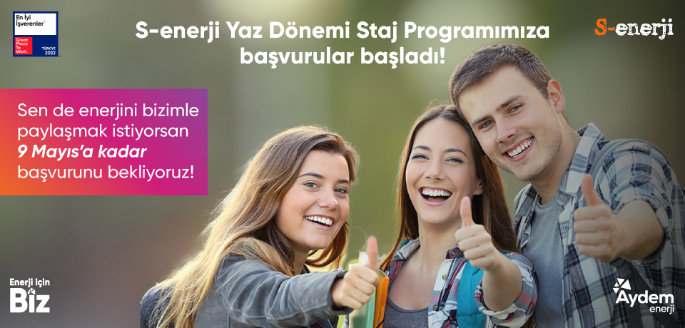 Kariyer yolculuğunda adım atmak isteyen genç yeteneklerin keşfedildiği S-enerji yaz dönemi staj programının temsili görselidir. Görselde 3 üniversitesi öğrencisi gülerek poz vermiştir. 